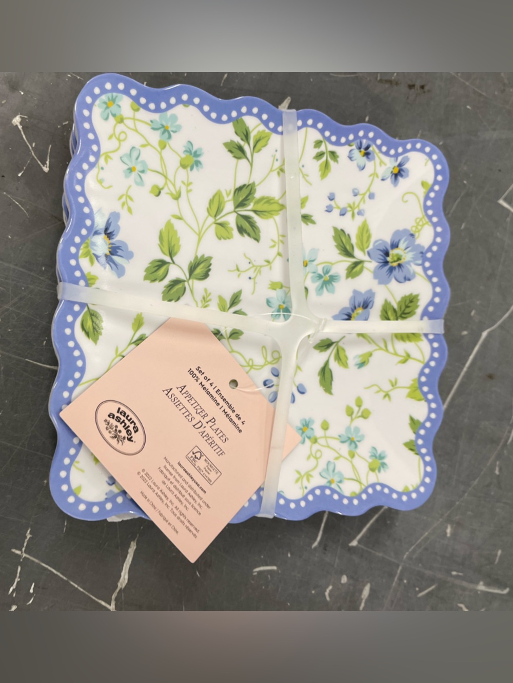 Laura Ashley melamine appetizer plate set - scalloped edges and great floral NEW